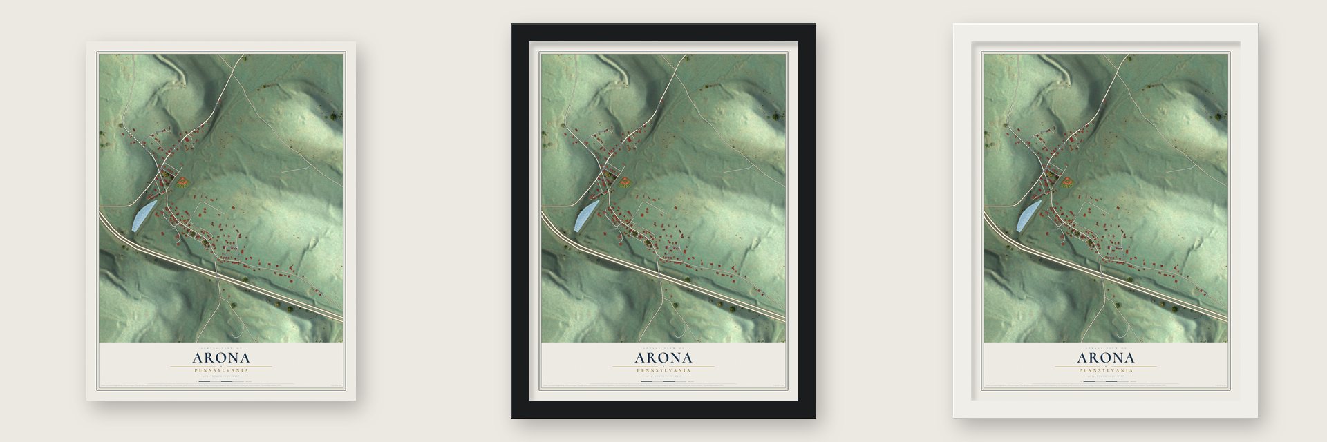 Arona, Pennsylvania map unframed, in a black wood frame and in a white wood frame