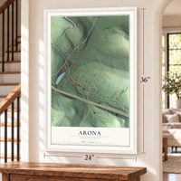 Arona, Pennsylvania map, 24 x 36 inch print in a white frame by a staircase