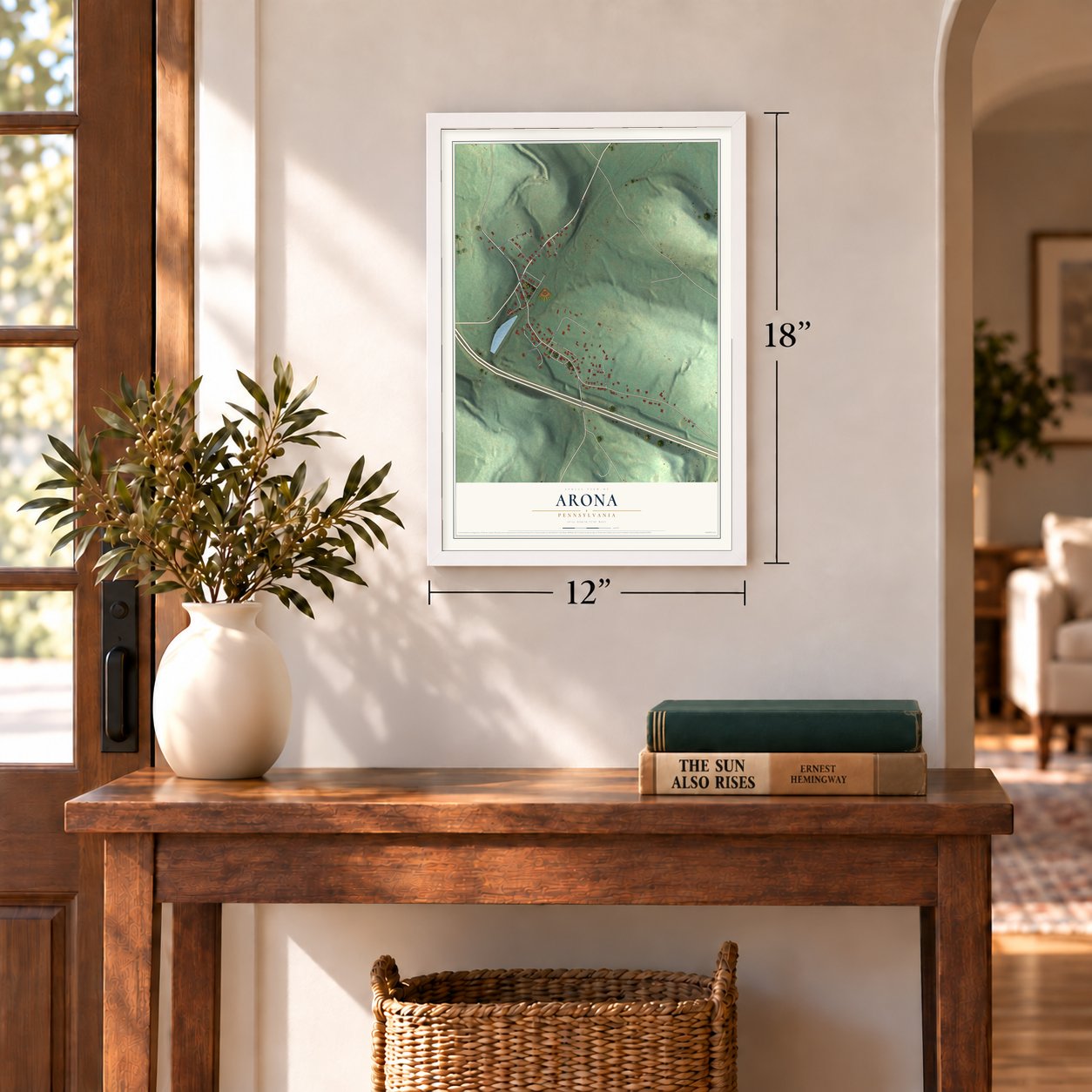 Arona, Pennsylvania map, 12 x 18 inch print in a white frame in an entryway