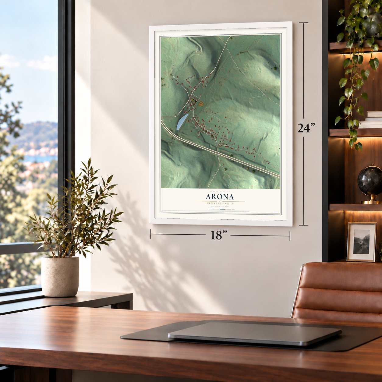 Arona, Pennsylvania map, 18 x 24 inch print in a white frame in a home office
