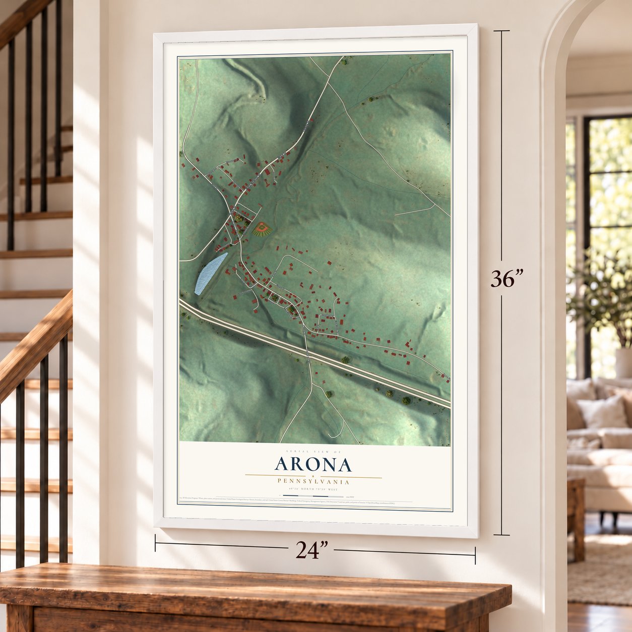 Arona, Pennsylvania map, 24 x 36 inch print in a white frame by a staircase
