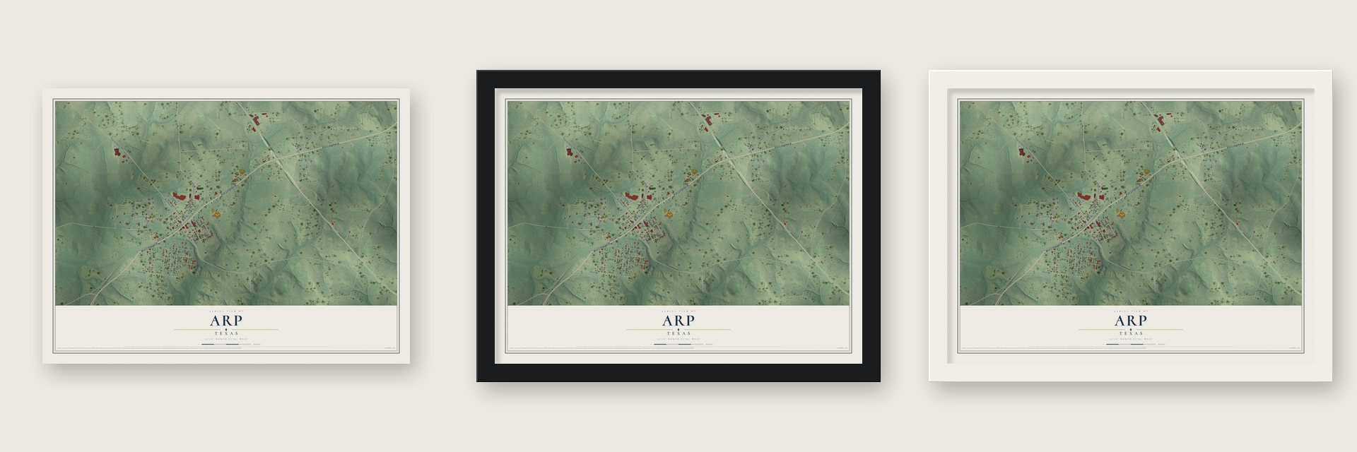Arp, Texas map unframed, in a black wood frame and in a white wood frame