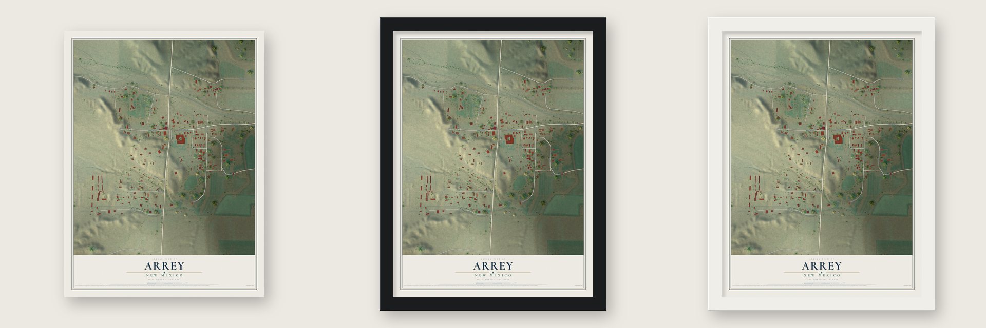 Arrey, New Mexico map unframed, in a black wood frame and in a white wood frame