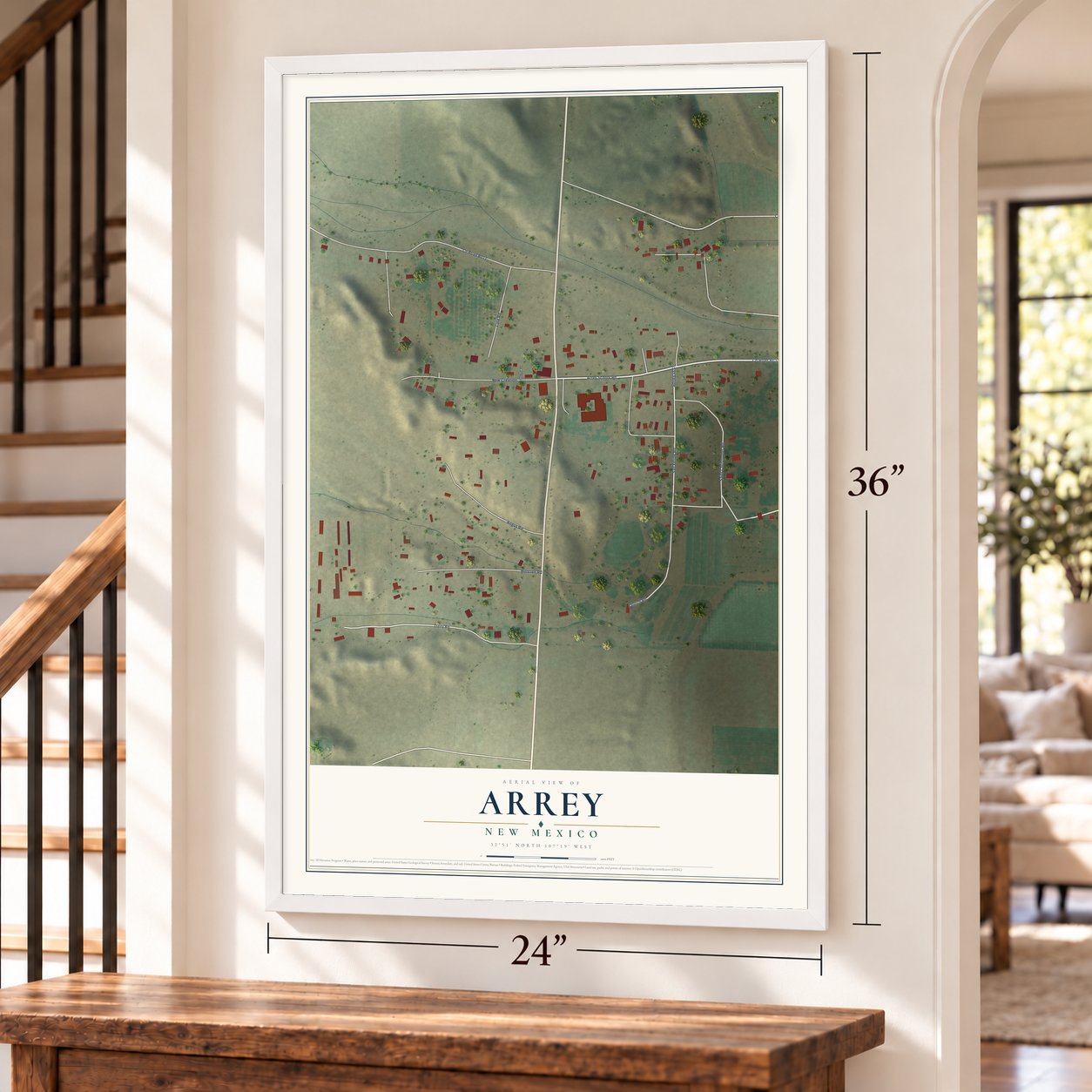 Arrey, New Mexico map, 24 x 36 inch print in a white frame by a staircase