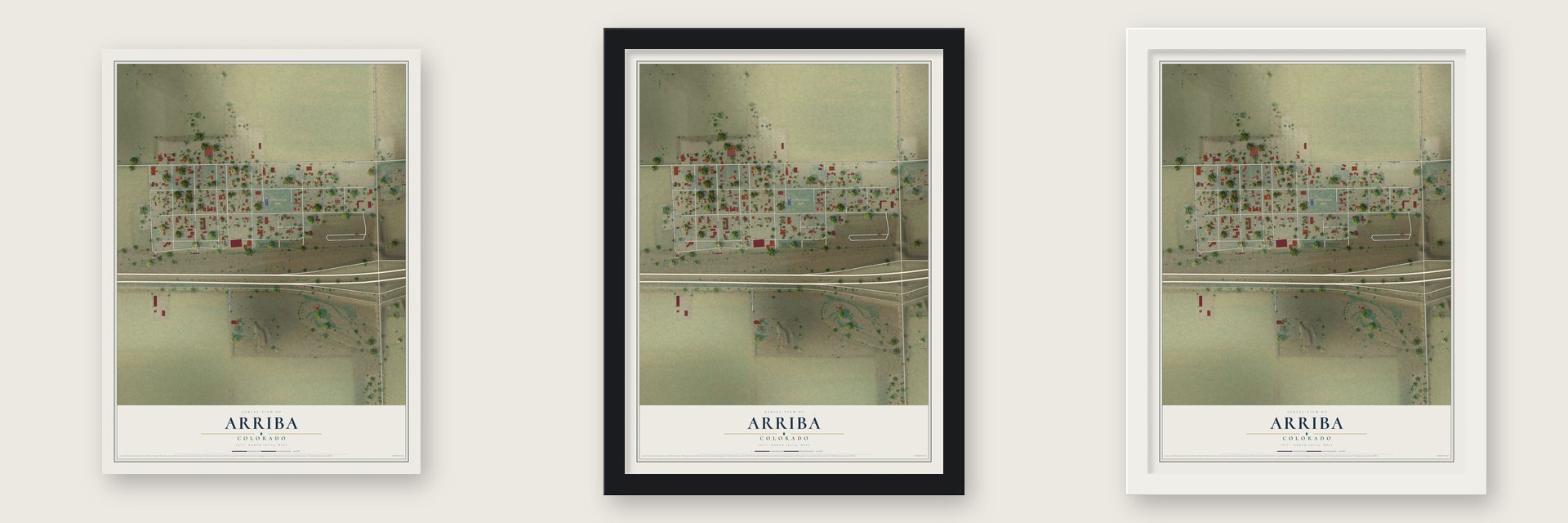 Arriba, Colorado map unframed, in a black wood frame and in a white wood frame