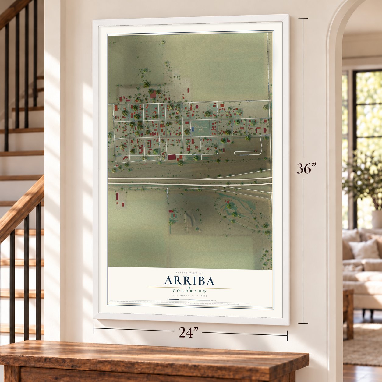 Arriba, Colorado map, 24 x 36 inch print in a white frame by a staircase