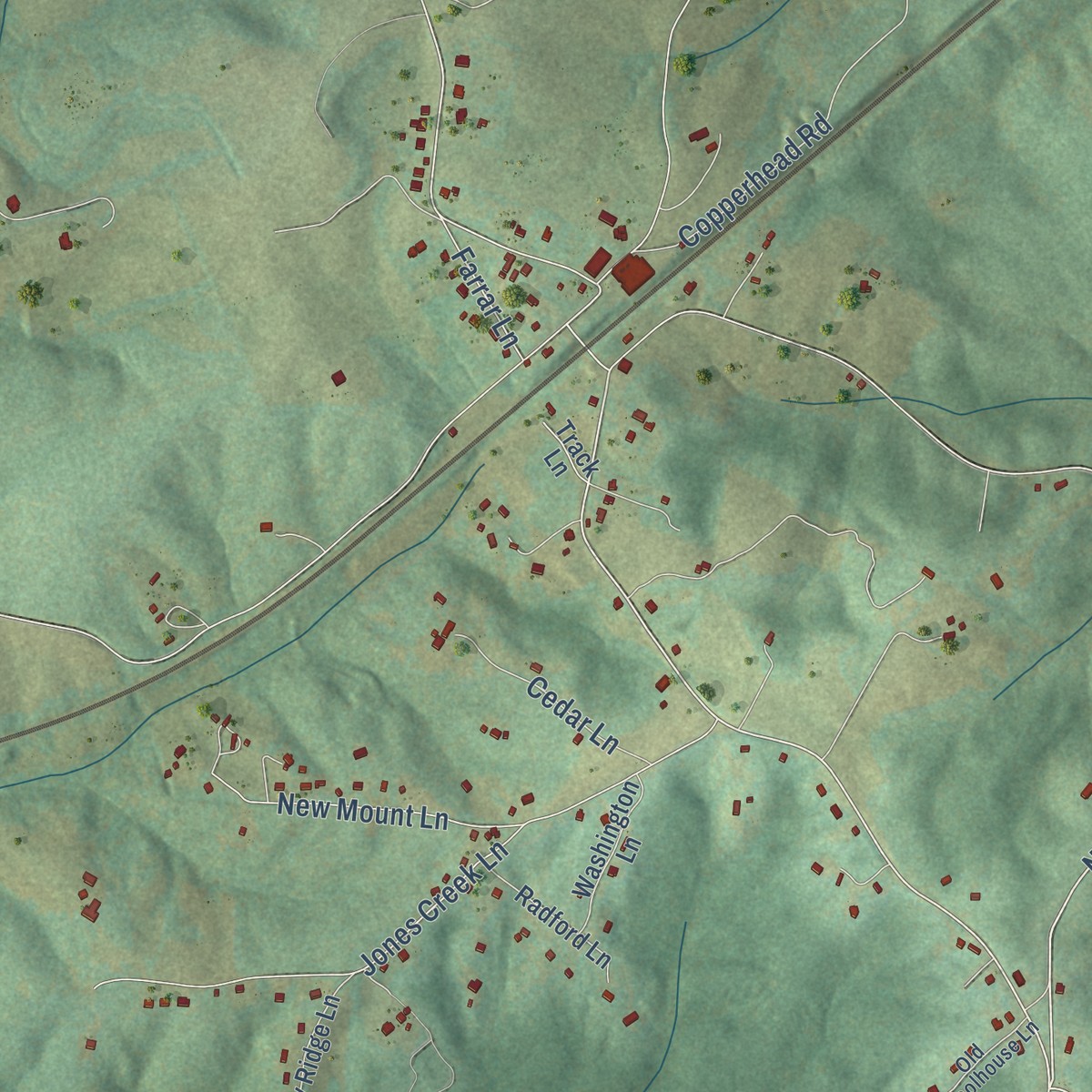 Second close-up of the map of Arrington, Virginia print showing more streets and buildings