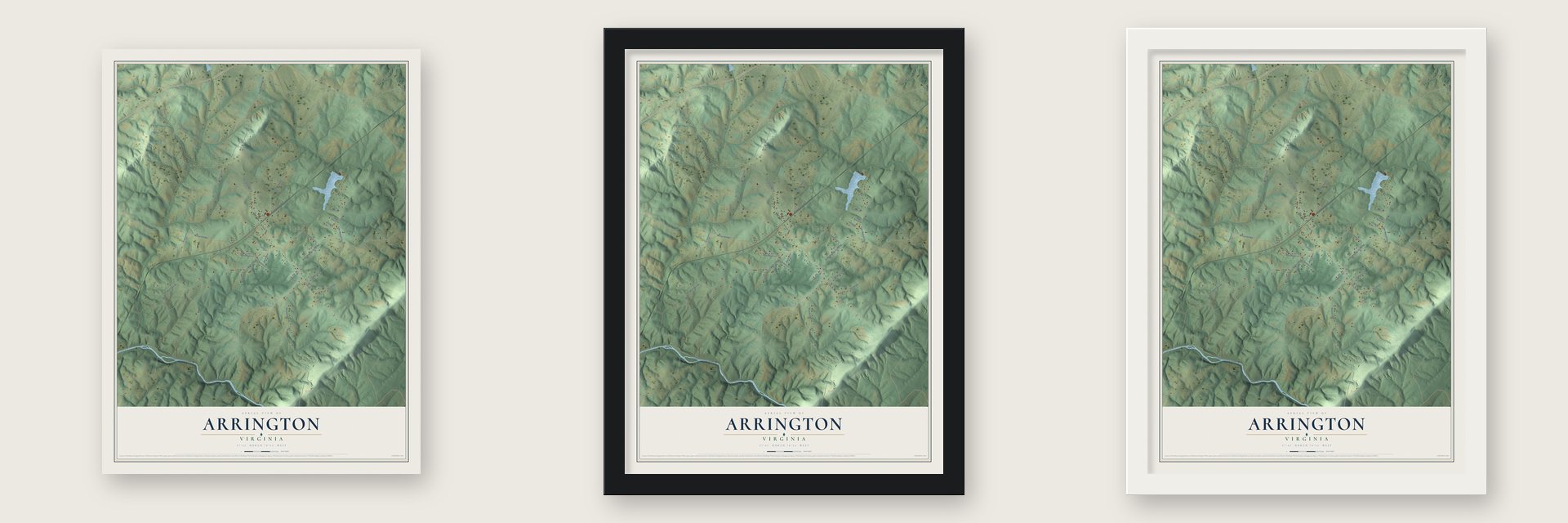 Arrington, Virginia map unframed, in a black wood frame and in a white wood frame