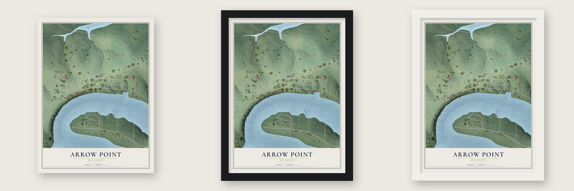 Arrow Point, Missouri map unframed, in a black wood frame and in a white wood frame