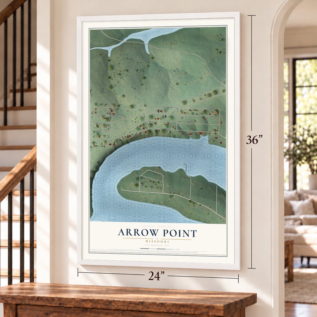 Arrow Point, Missouri map, 24 x 36 inch print in a white frame by a staircase