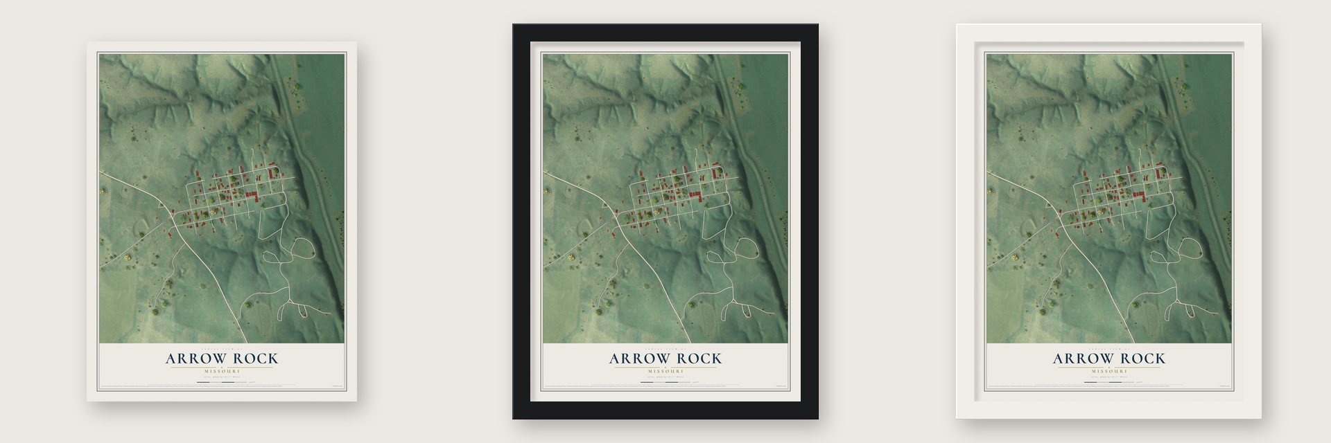 Arrow Rock, Missouri map unframed, in a black wood frame and in a white wood frame