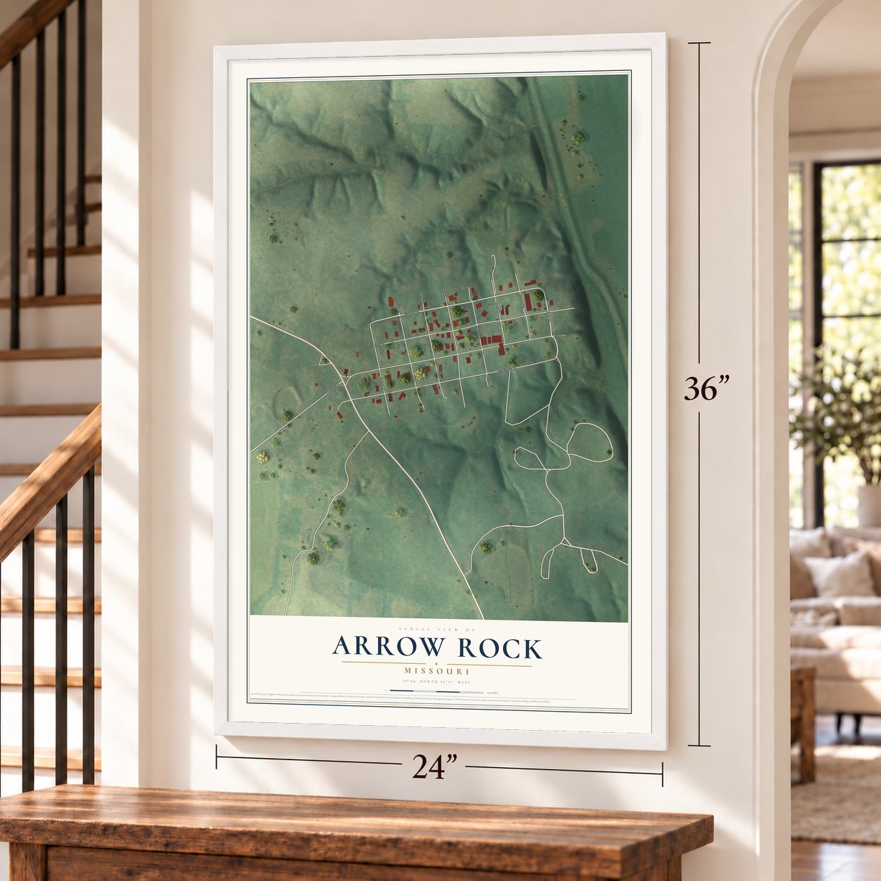 Arrow Rock, Missouri map, 24 x 36 inch print in a white frame by a staircase