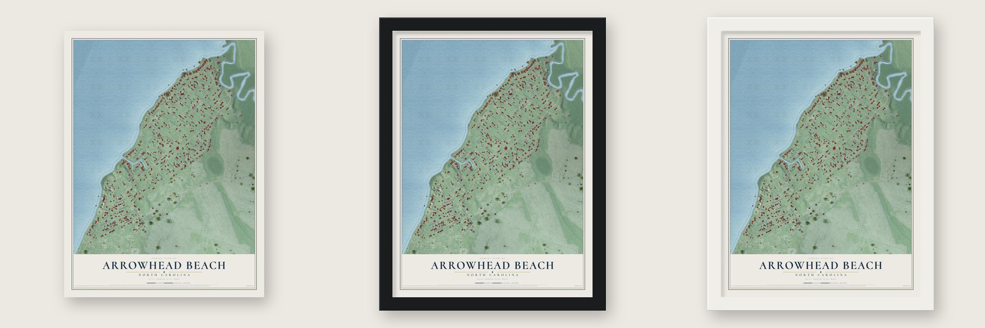 Arrowhead Beach, North Carolina map unframed, in a black wood frame and in a white wood frame