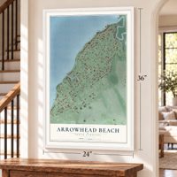 Arrowhead Beach, North Carolina map, 24 x 36 inch print in a white frame by a staircase
