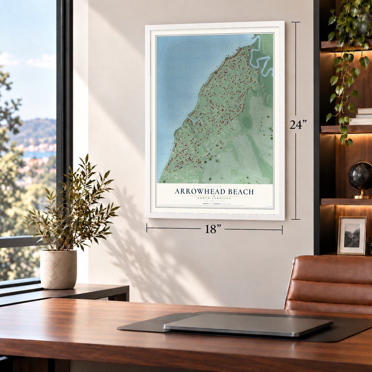 Arrowhead Beach, North Carolina map, 18 x 24 inch print in a white frame in a home office