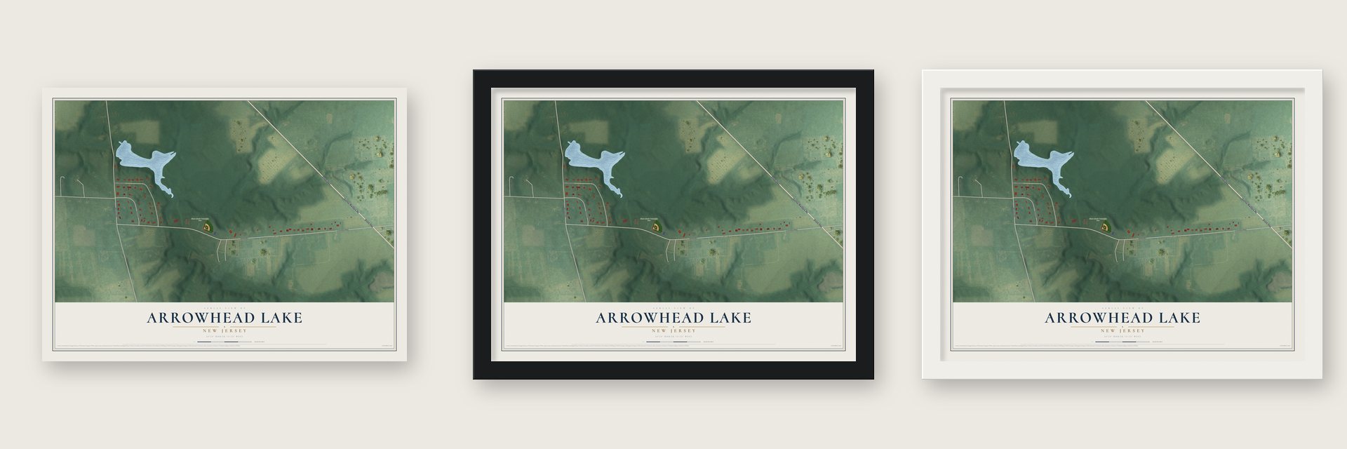 Arrowhead Lake, New Jersey map unframed, in a black wood frame and in a white wood frame