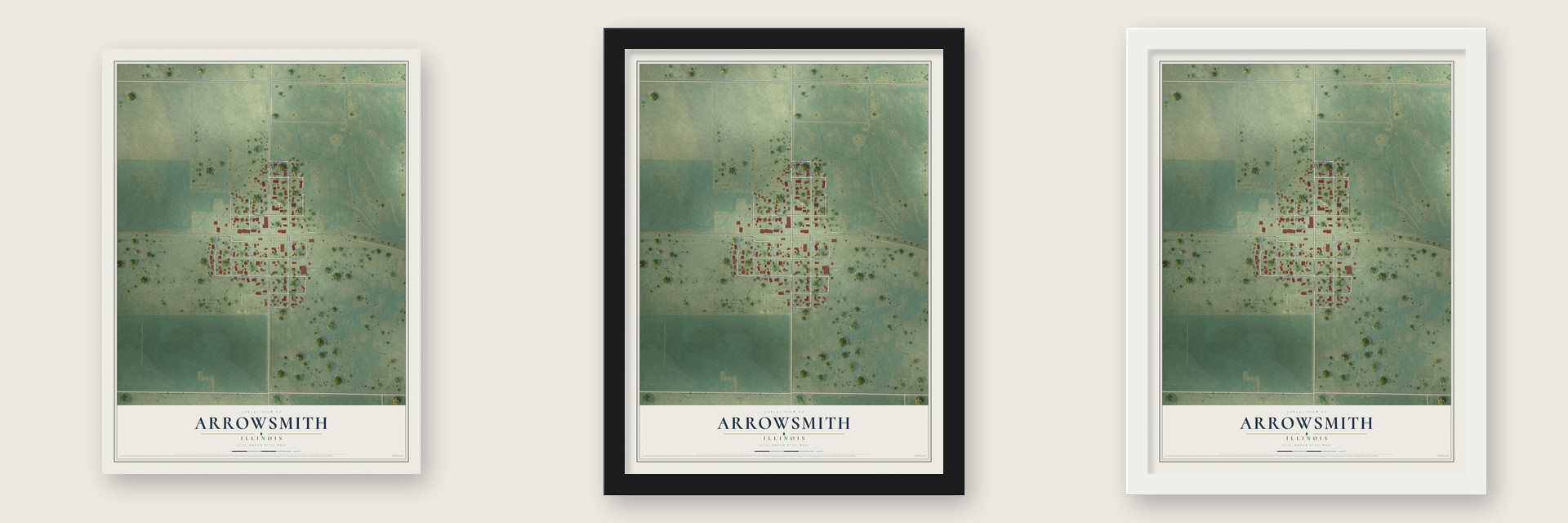Arrowsmith, Illinois map unframed, in a black wood frame and in a white wood frame