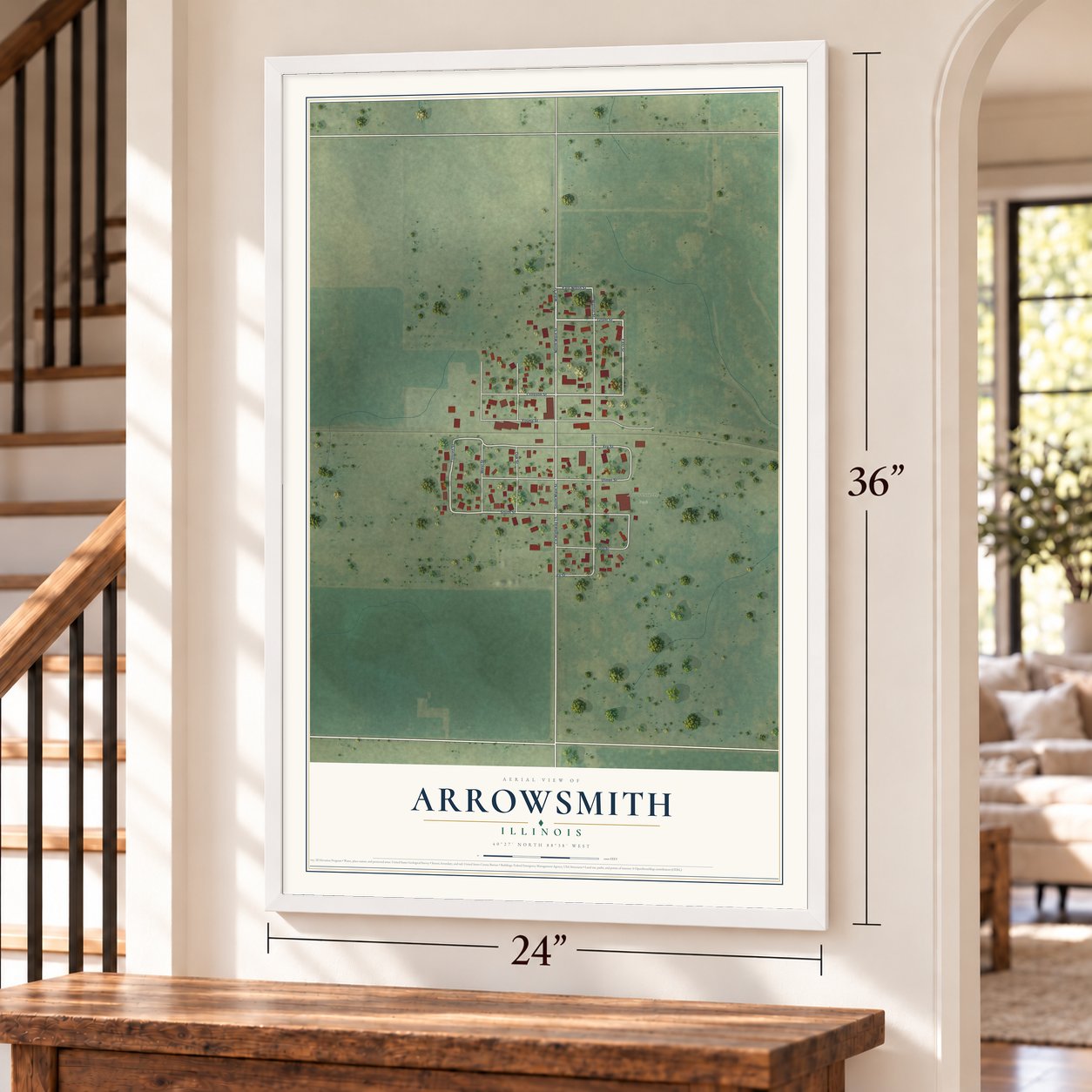 Arrowsmith, Illinois map, 24 x 36 inch print in a white frame by a staircase