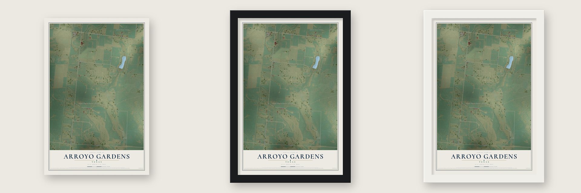 Arroyo Gardens, Texas map unframed, in a black wood frame and in a white wood frame