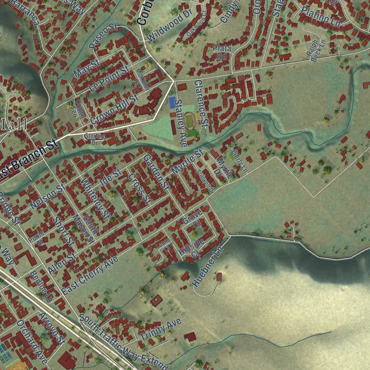 Second close-up of the map of Arroyo Grande, California print showing more streets and buildings