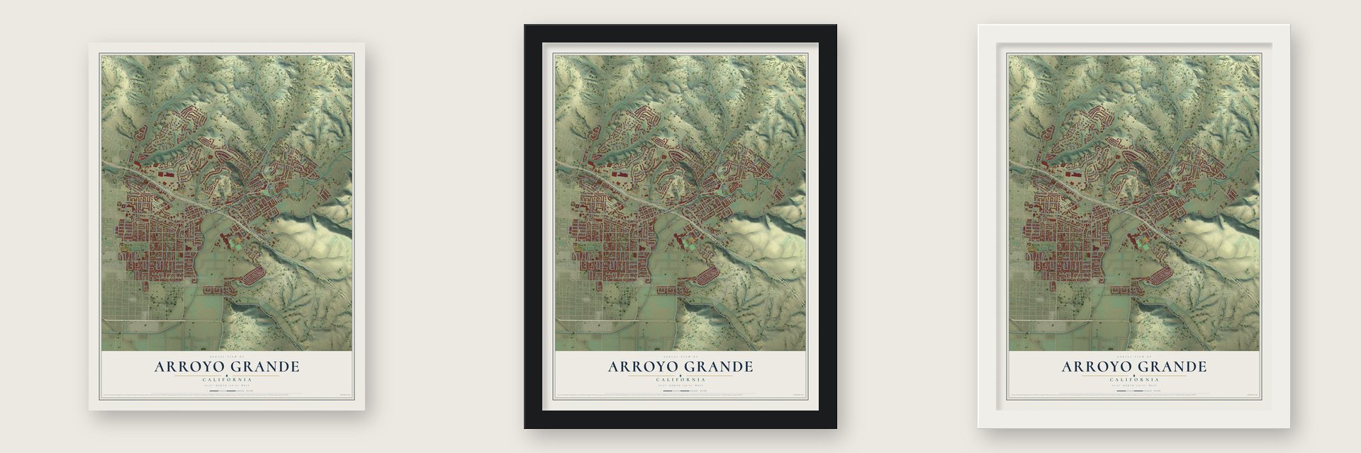 Arroyo Grande, California map unframed, in a black wood frame and in a white wood frame