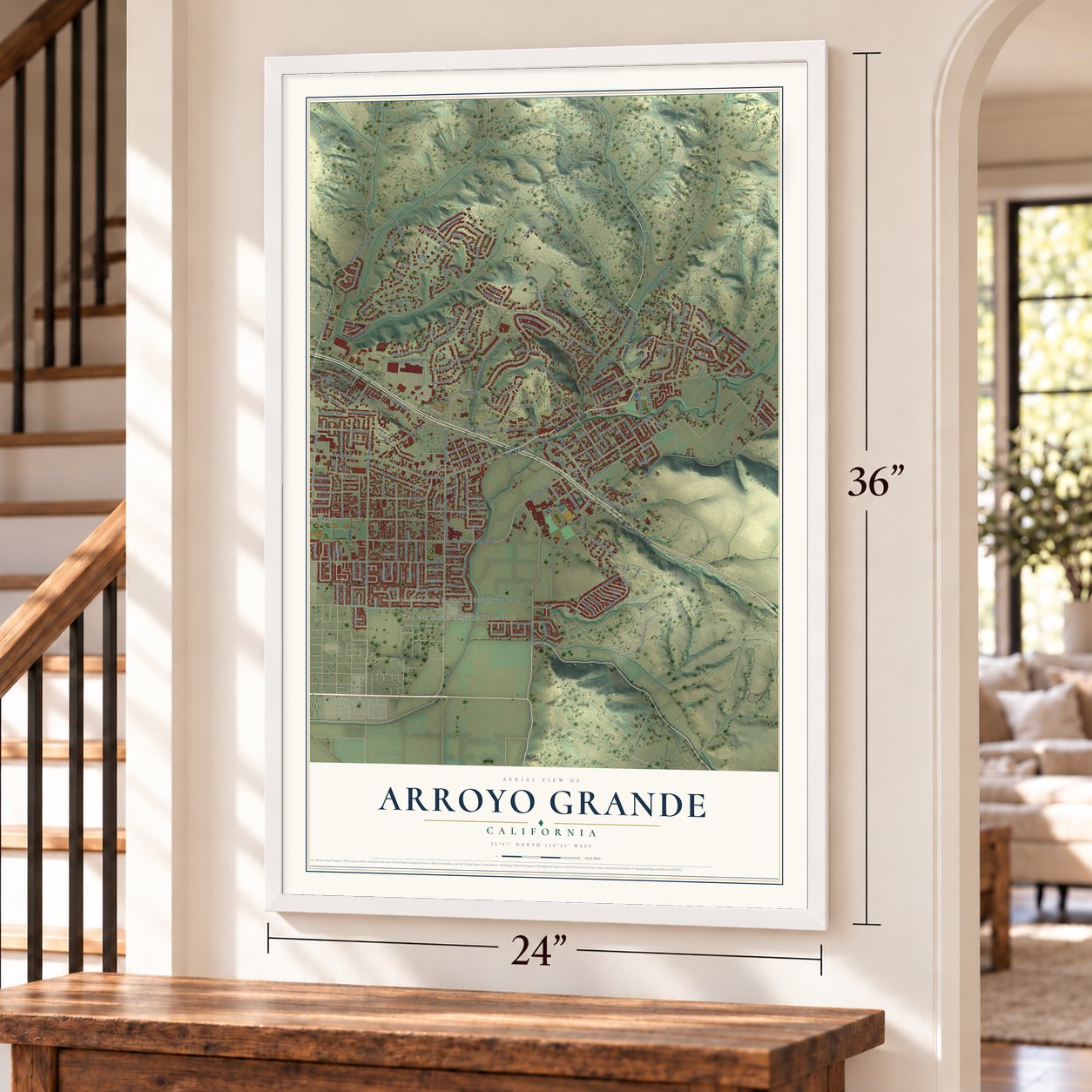 Arroyo Grande, California map, 24 x 36 inch print in a white frame by a staircase