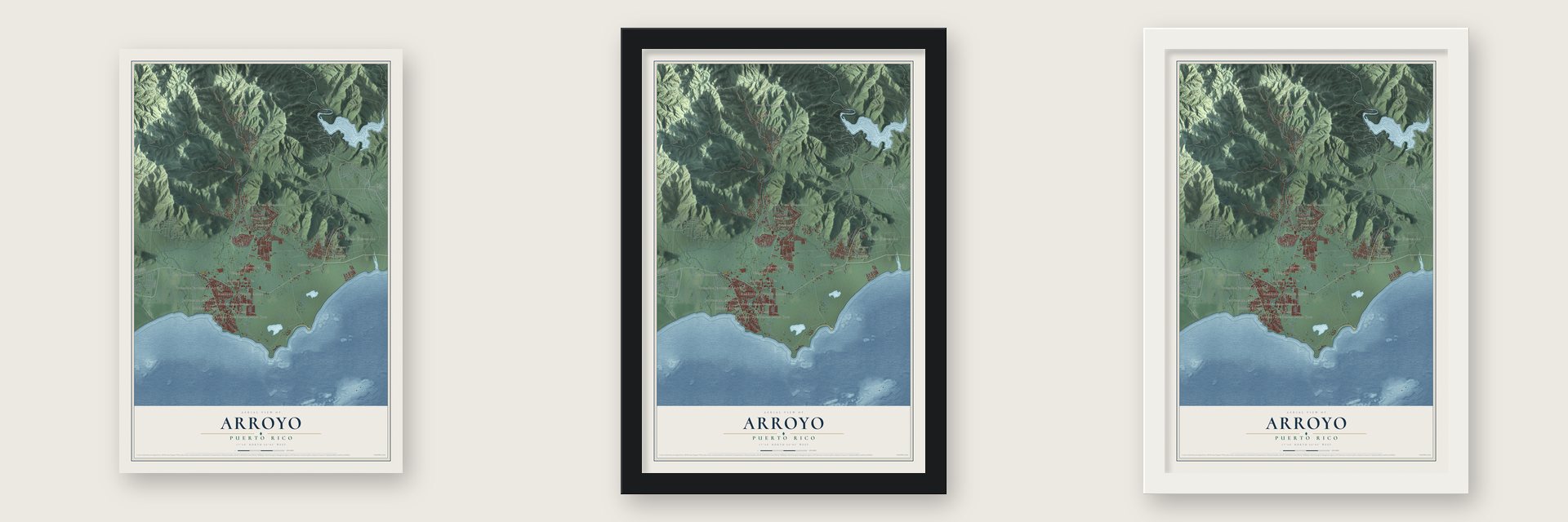 Arroyo, Puerto Rico map unframed, in a black wood frame and in a white wood frame