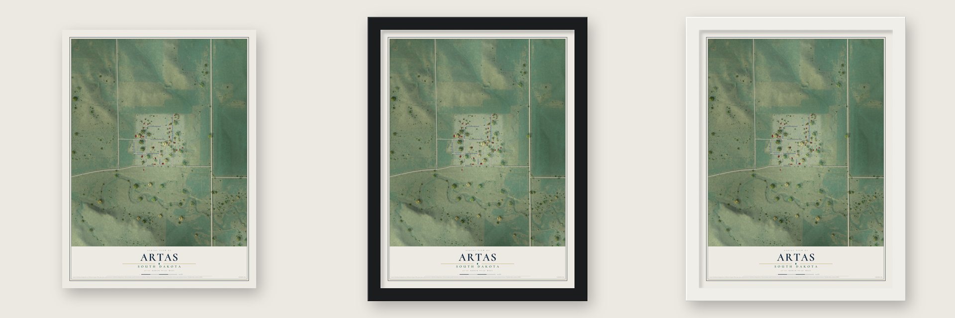 Artas, South Dakota map unframed, in a black wood frame and in a white wood frame