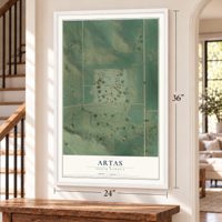 Artas, South Dakota map, 24 x 36 inch print in a white frame by a staircase