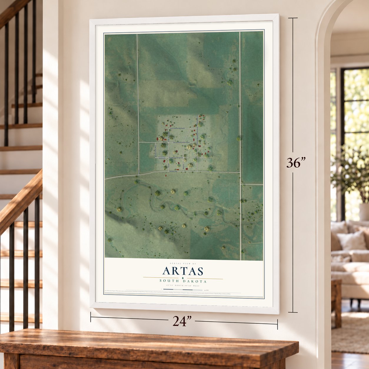 Artas, South Dakota map, 24 x 36 inch print in a white frame by a staircase