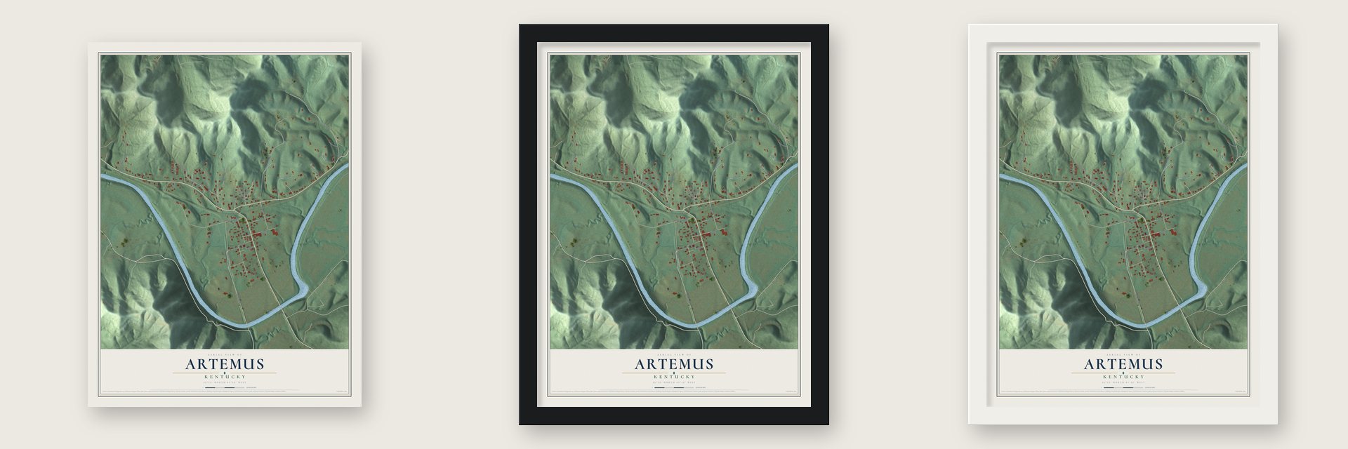 Artemus, Kentucky map unframed, in a black wood frame and in a white wood frame
