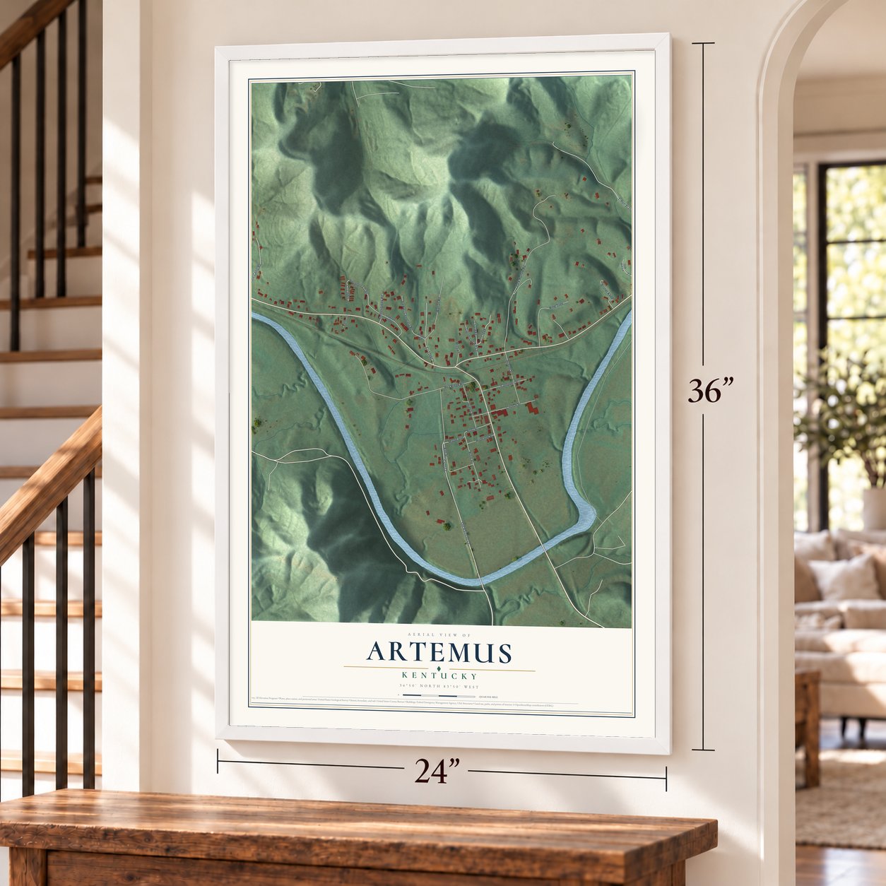Artemus, Kentucky map, 24 x 36 inch print in a white frame by a staircase