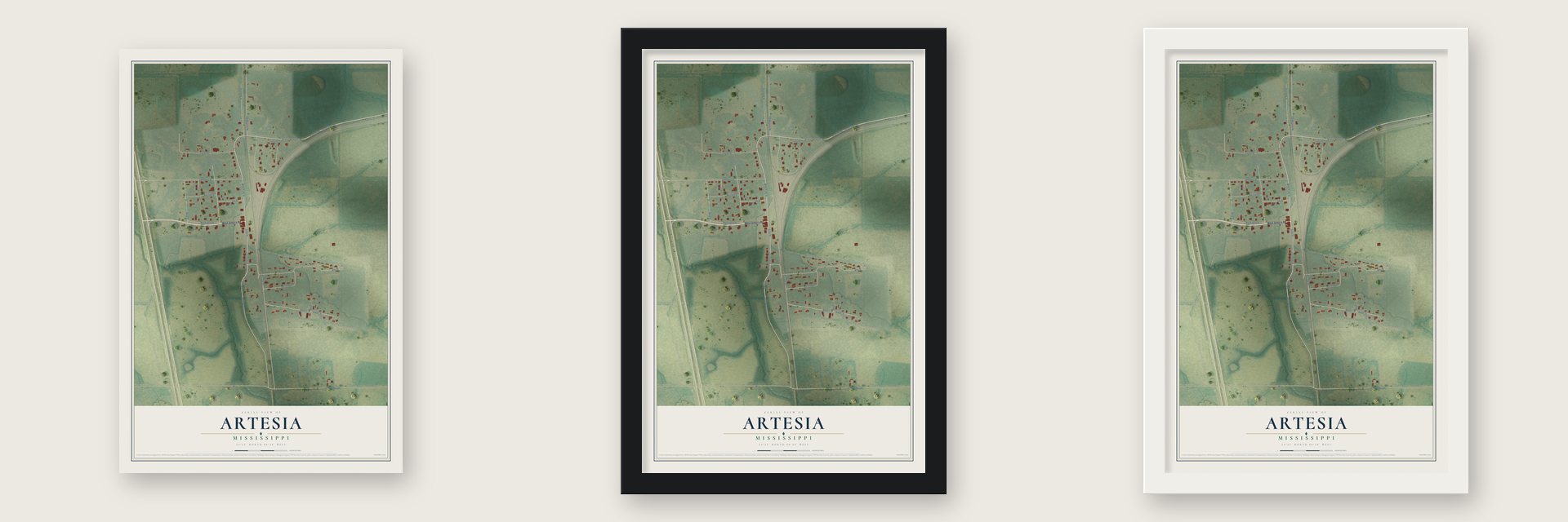 Artesia, Mississippi map unframed, in a black wood frame and in a white wood frame