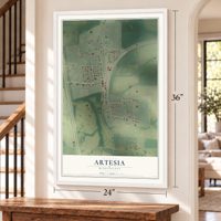 Artesia, Mississippi map, 24 x 36 inch print in a white frame by a staircase