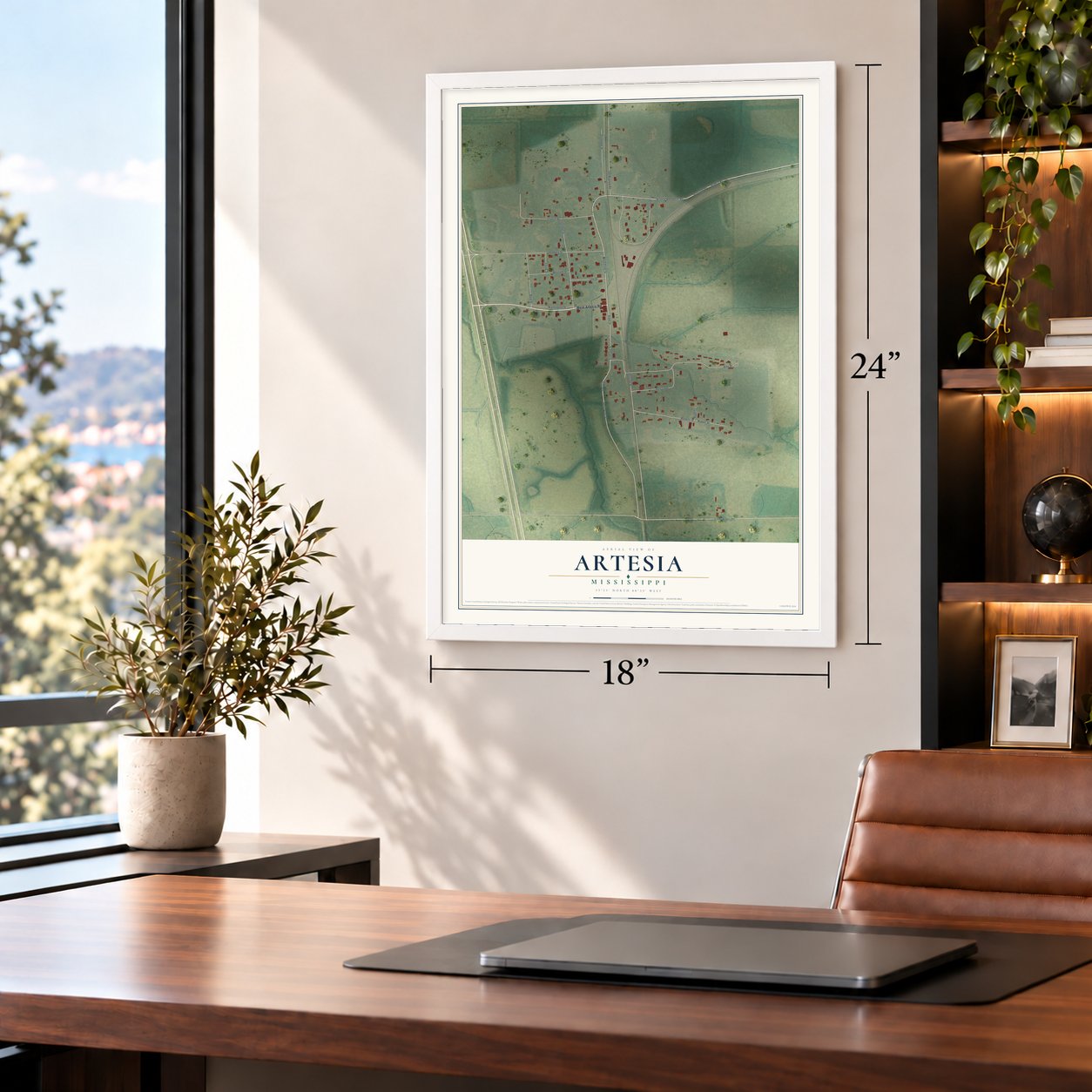 Artesia, Mississippi map, 18 x 24 inch print in a white frame in a home office