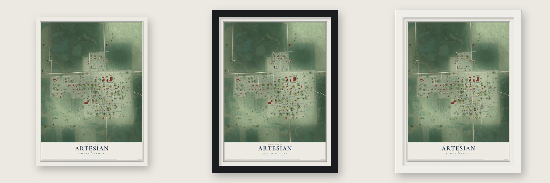 Artesian, South Dakota map unframed, in a black wood frame and in a white wood frame