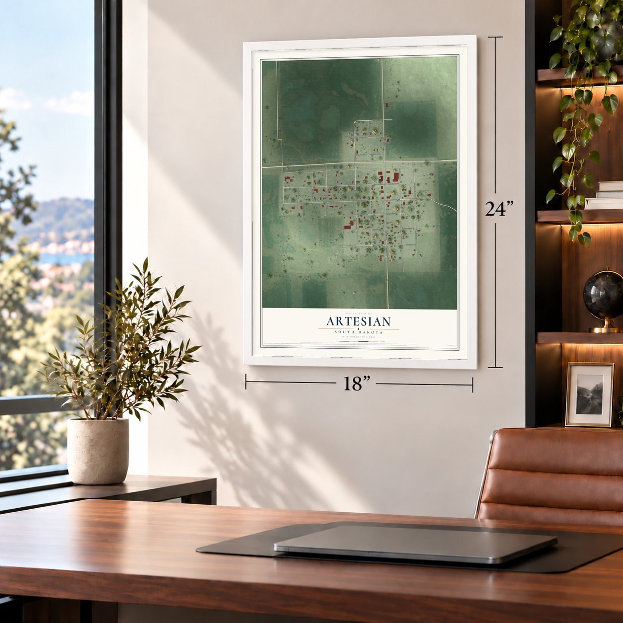 Artesian, South Dakota map, 18 x 24 inch print in a white frame in a home office