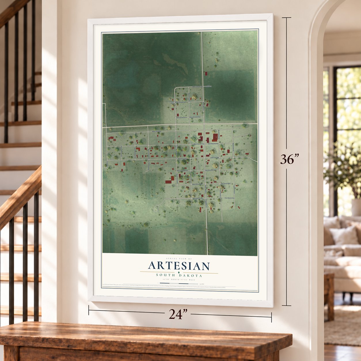 Artesian, South Dakota map, 24 x 36 inch print in a white frame by a staircase