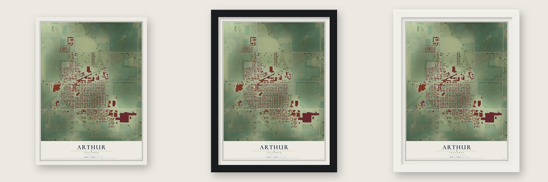 Arthur, Illinois map unframed, in a black wood frame and in a white wood frame