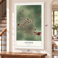 Arthur, Illinois map, 24 x 36 inch print in a white frame by a staircase