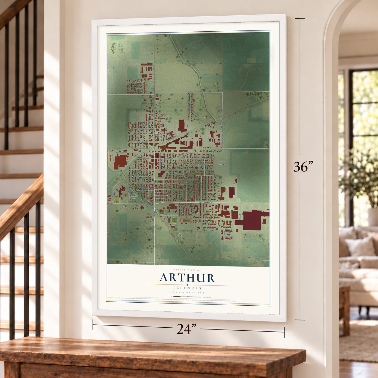 Arthur, Illinois map, 24 x 36 inch print in a white frame by a staircase