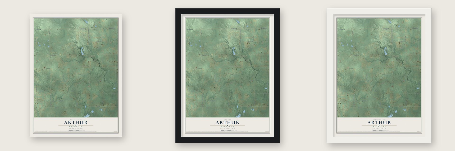Arthur, Michigan map unframed, in a black wood frame and in a white wood frame
