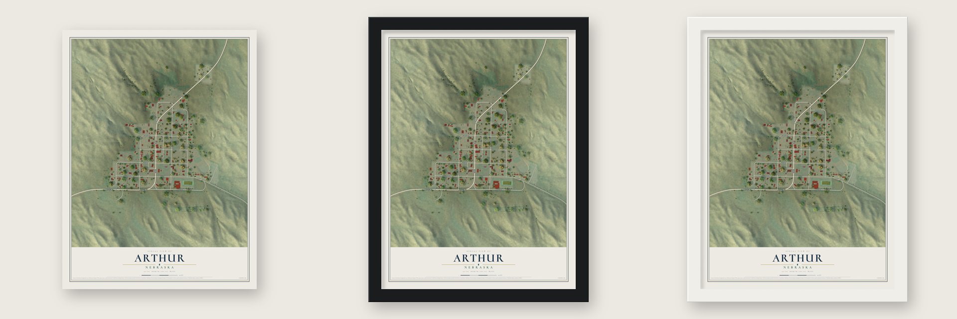 Arthur, Nebraska map unframed, in a black wood frame and in a white wood frame