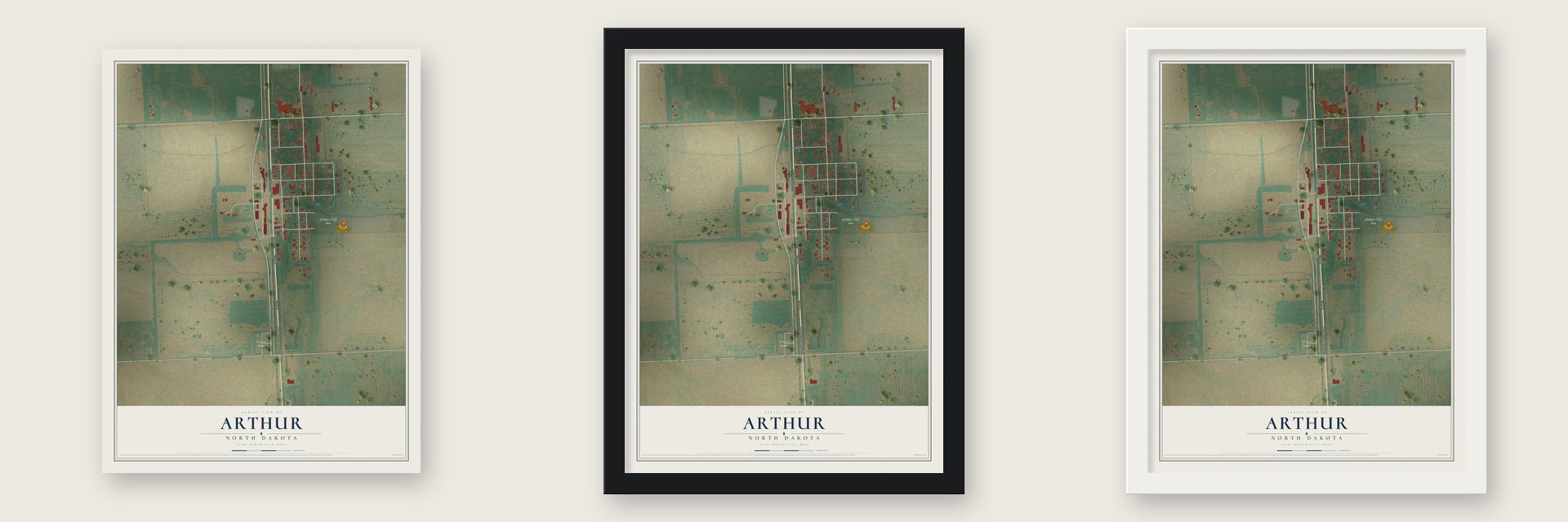 Arthur, North Dakota map unframed, in a black wood frame and in a white wood frame