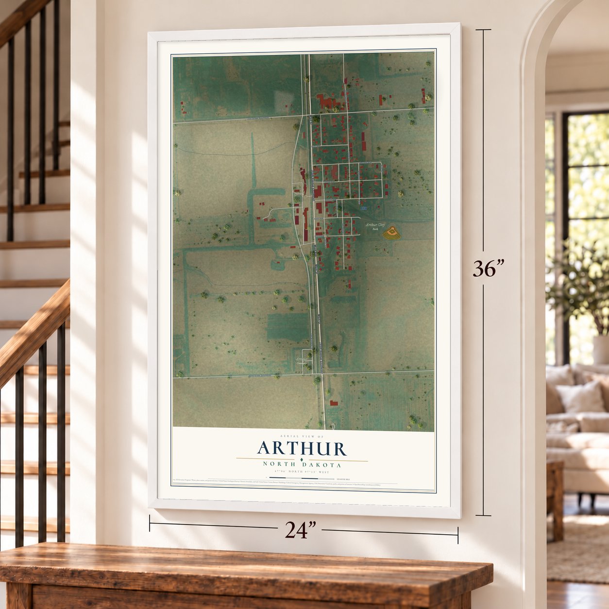 Arthur, North Dakota map, 24 x 36 inch print in a white frame by a staircase