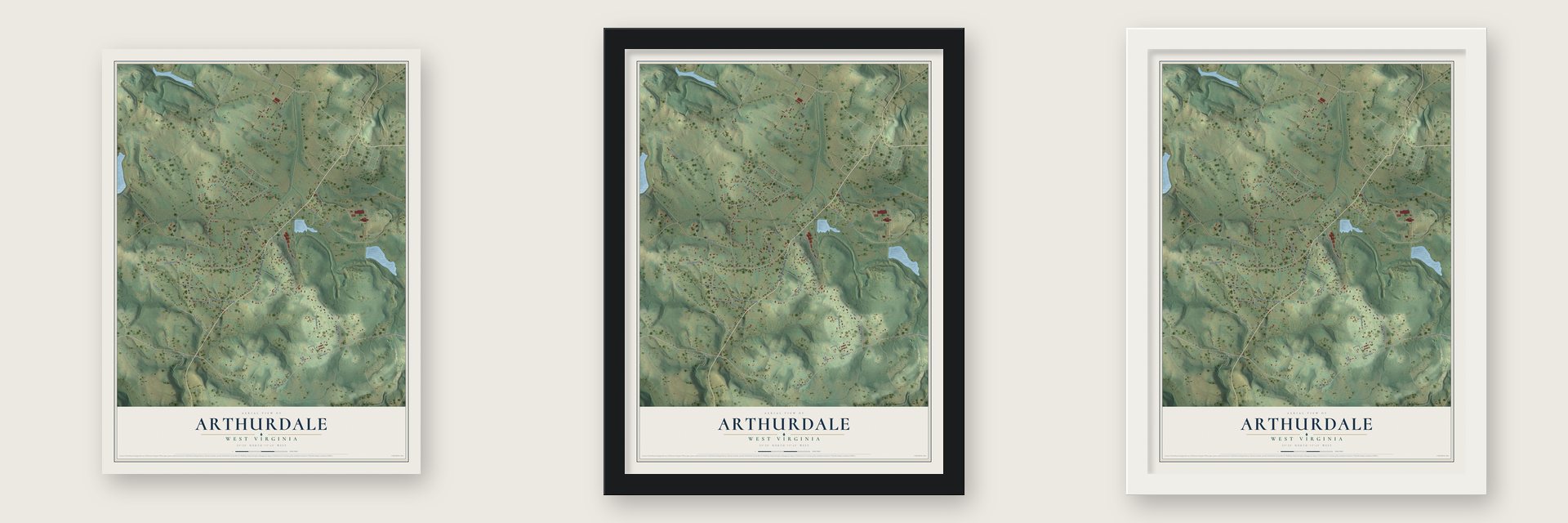 Arthurdale, West Virginia map unframed, in a black wood frame and in a white wood frame