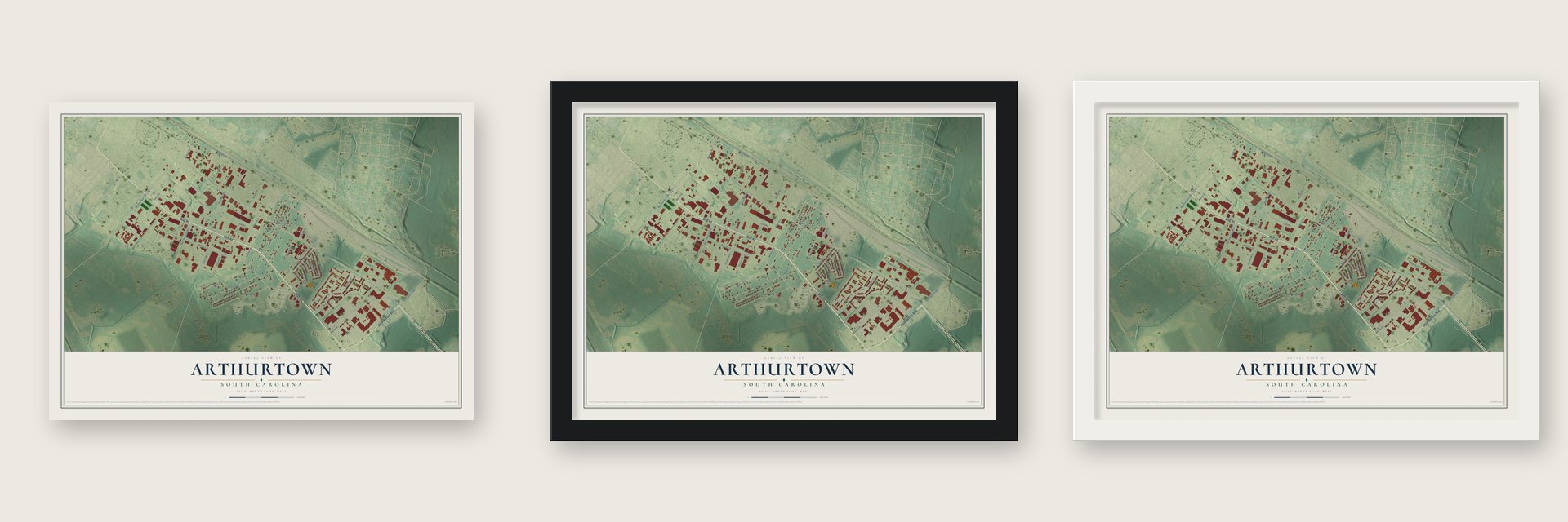 Arthurtown, South Carolina map unframed, in a black wood frame and in a white wood frame