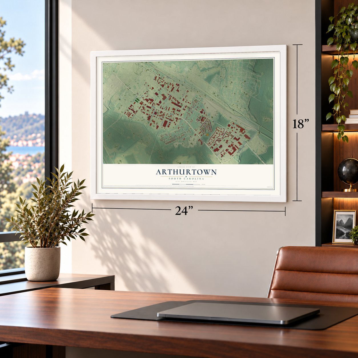 Arthurtown, South Carolina map, 18 x 24 inch print in a white frame in a home office