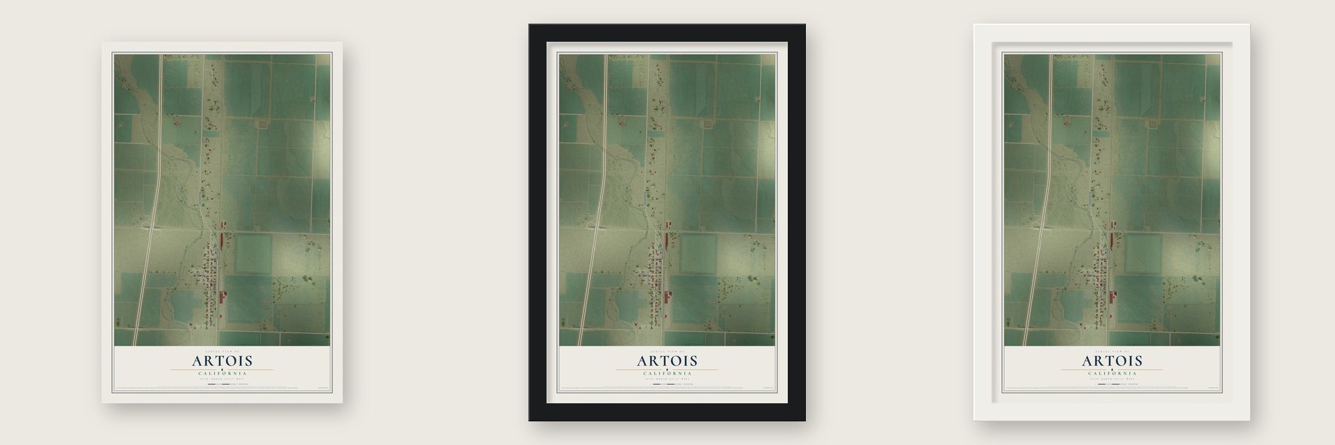Artois, California map unframed, in a black wood frame and in a white wood frame