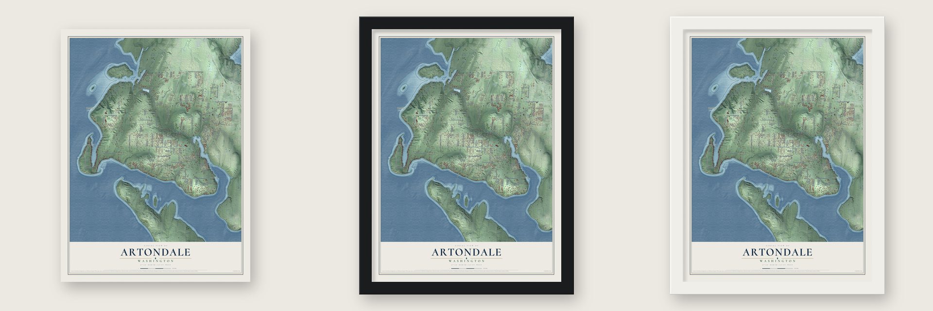 Artondale, Washington map unframed, in a black wood frame and in a white wood frame